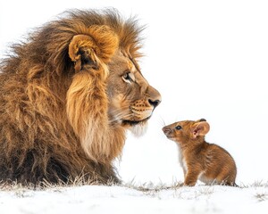 Naklejka premium A large lion and a small mouse, side-by-side in the snow