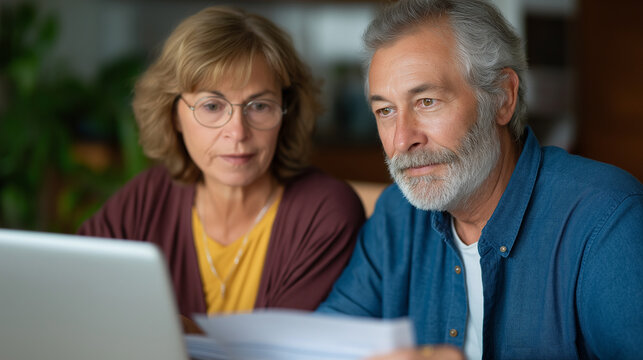 Senior couple managing home finances together at the dining table