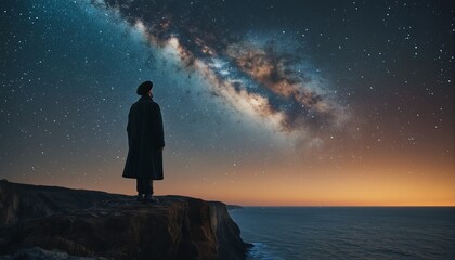 Fototapeta premium a silhouetted figure in a long coat and hat contemplates the vast milky way galaxy over a dark ocean at night.