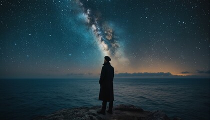 Fototapeta premium a solitary figure silhouetted against a vibrant milky way stretching over a calm ocean under a starlit night sky.