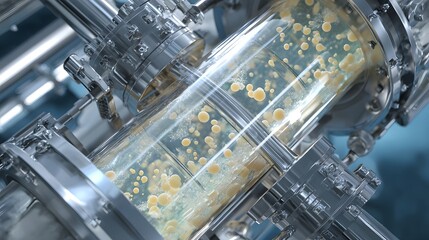 Close up of industrial fermentation vessel with yellow microorganisms suspended in liquid biotechnology