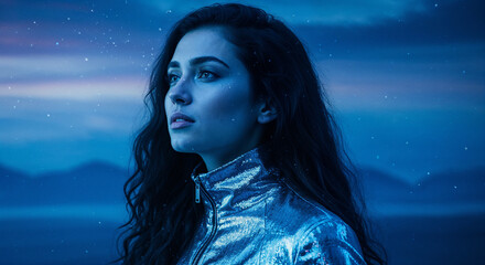 Pensive woman in galactic metallic silver jacket under starry night sky