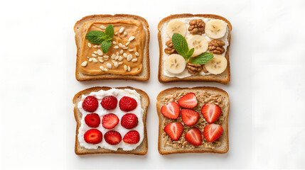 Four delicious and healthy open faced toasts with various toppings