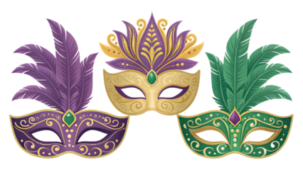 Set of 3 masquerade masks in purple, gold, and green isolated on transparent background PNG, perfect for Mardi Gras, carnival, traditional festivals, digital design, branding, wallpapers, posters, and