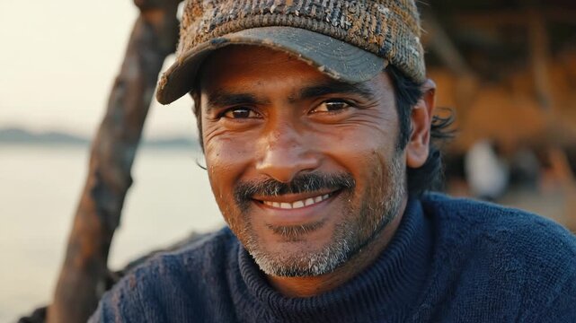 Portrait of smiling Indian fisherman showing different facial expressions