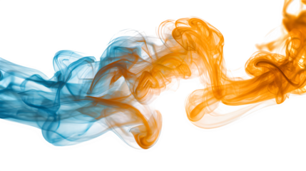 Orange and blue colored smoke swirling isolated on white