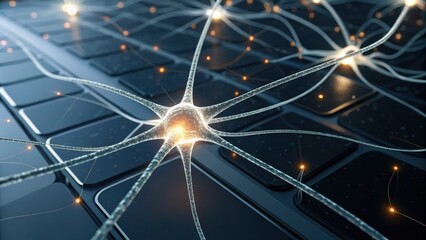 A digital representation of neurons intertwined with a computer keyboard, symbolizing the intersection of technology and neuroscience.