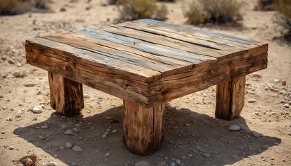 Naklejka premium a rustic, hand-built wooden table stands prominently on a sandy, desert-like terrain casting a distinct shadow.