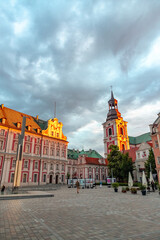 Fototapeta premium Kolegiac Square in Poznan at sunset in spring in Poland