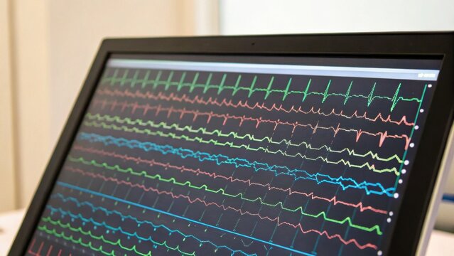 A close-up of a monitor displaying colorful ECG waveforms, illustrating various heart activity readings in a clinical setting.