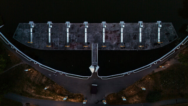 old soviet water structures on lake malta in poznan in poland