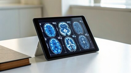 A tablet displaying brain scans on a table, accompanied by a closed book, showcasing medical imagery and technology.
