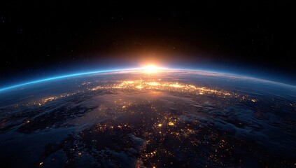 Obraz premium Earth's sunrise from space. A breathtaking view of the planet, with a sunrise illuminating the horizon. City lights twinkle across continents