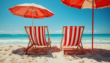 a vibrant beach scene features two red and white striped lounge chairs under bright red umbrellas against a clear blue sky and turquoise ocean.