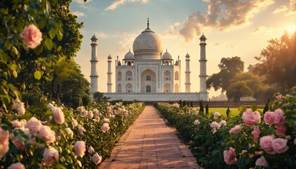 Fototapeta premium a breathtaking view of the taj mahal framed by lush rose gardens at golden hour, showcasing the iconic monument's beauty and intricate details.
