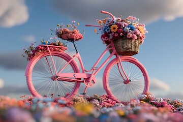 A bright pink bicycle parked in a lush flower field, with a basket full of colorful blooms, under a sunny sky dotted with fluffy clouds.