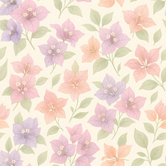 A beautiful seamless pattern of soft pastel bougainvillea flowers with green leaves on a light background.