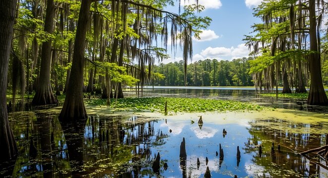 Tranquil Cypress Swamp Lake Scenery with Reflections