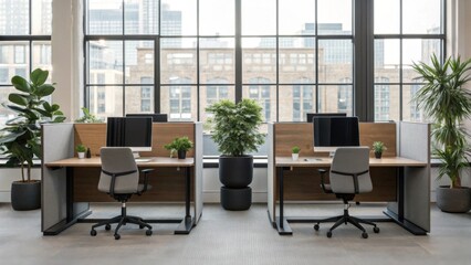 A modern office space featuring two workstations, each with plants and computer screens, designed for a comfortable and productive work environment.