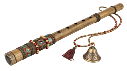 Traditional Indian flute (Bansuri) with decorative beads and bell isolated on transparent background PNG, perfect for Hindu, Krishna, music, cultural, digital design, branding, wallpapers, posters, an