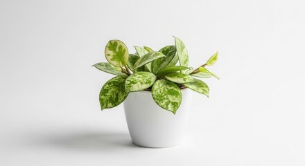 Variegated peperomia plant with striking green and white leaves in a white pot