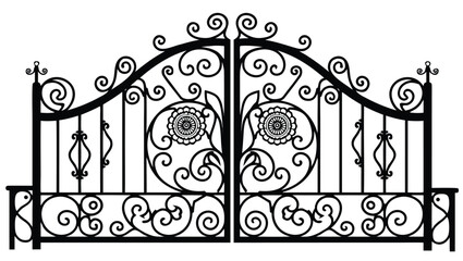 Ornate black wrought iron double gate with floral motifs