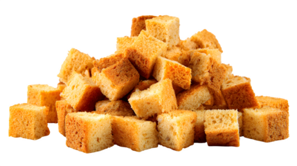 Pile of dried bread crouton cubes isolated on white