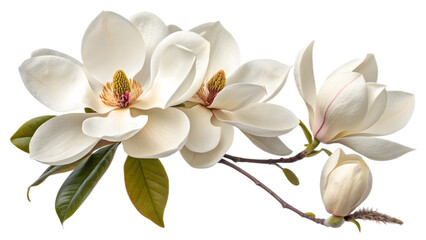 Obraz premium Elegant magnolia blooms with velvety petals isolated on transparent background PNG, perfect for digital design, branding, wallpapers, posters, and print materials 