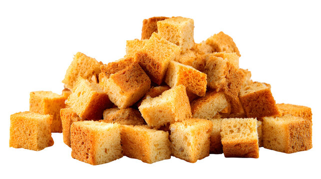 Pile of dried bread crouton cubes isolated on white
