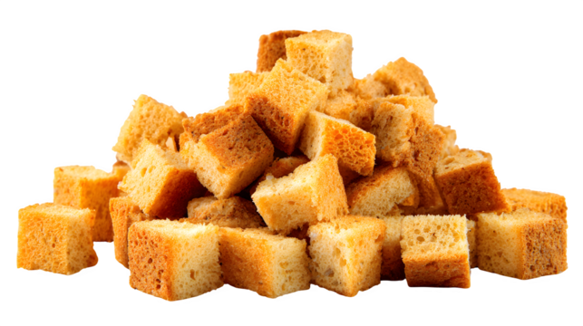 Pile of dried bread crouton cubes isolated on white