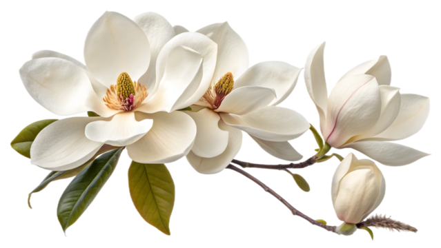 Elegant magnolia blooms with velvety petals isolated on transparent background PNG, perfect for digital design, branding, wallpapers, posters, and print materials
