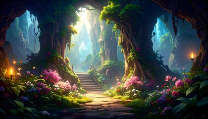 Enchanted Forest Path A Mystical Journey Through Glowing Caves and Blossoming Flora
