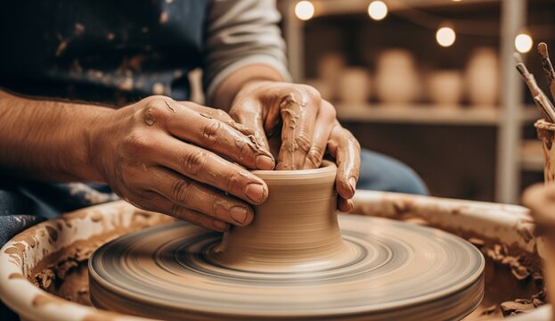 Artisan shaping clay pottery on spinning wheel, close-up hands, blurred workshop background.
