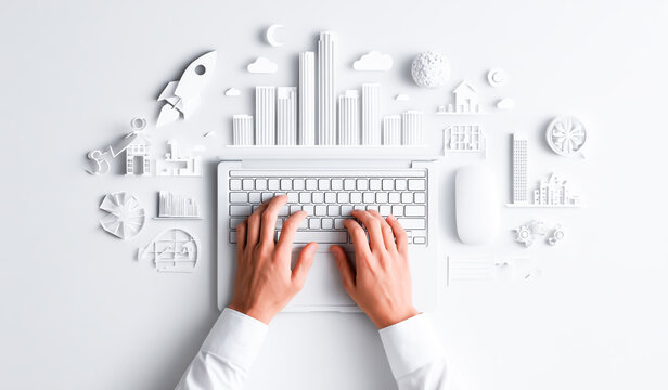 A person typing on a laptop with business growth icons and a graph in the background, in a white color theme, in a flat lay, top view.