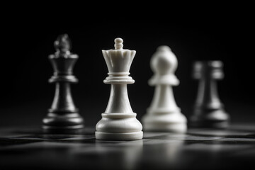 Intense chess competition strategy on a dramatic black-and-white board game chessboard highlighting key pieces in a dark environment