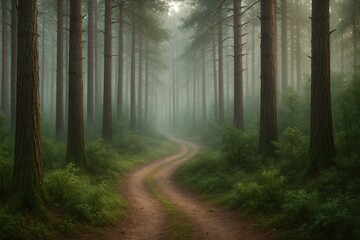 Naklejka premium Foggy pine forest with winding dirt road