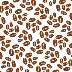 Seamless pattern of roasted coffee beans white background. Perfect for cafe branding, coffee shop decor, textile prints, packaging design, and backgrounds.