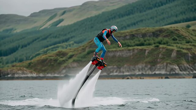 Thrilling hoverboard adventure over scenic lake with mountains in the background