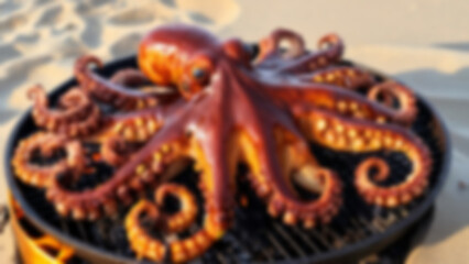 Obraz premium blurry image of grilled octopus being grilled over hot coals on the beach, blurry wallpaper.