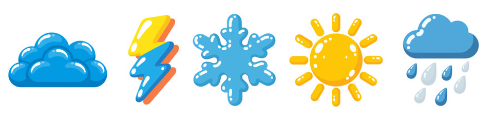 (Set 13) This Weather Icons set features 5 essential weather symbols: Sun, Cloud, Rain, Snowflake, and Lightning. Crafted in jelly candy vector style, these icons are perfect for forecasts