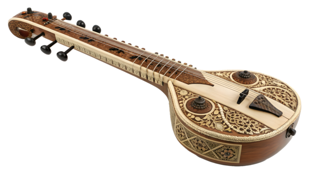 Veena musical instrument isolated on transparent background PNG, perfect for classical Indian music, worship, digital design, branding, wallpapers, posters, and print materials
