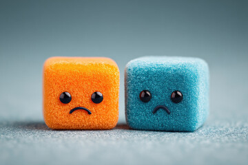Sorrowful orange cube and blue block displaying emotion on textured surface captured in close-up view evoking feelings of sadness
