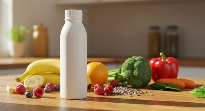 A white bottle sits amongst fresh fruits and vegetables including bananas, berries, broccoli, pepper, and carrots on a wooden countertop.