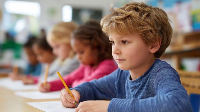 Children doing homework in a colorful primary school classroom