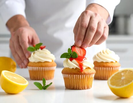 Chef decorating cupcakes with fresh strawberries