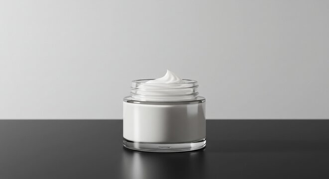 Clear glass jar of white face cream on a dark surface.