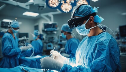 a surgeon wearing a virtual reality headset performs a delicate procedure in a brightly lit operating room surrounded by a medical team.