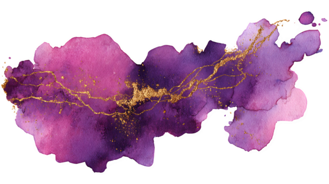 Purple watercolor splash with fine gold lines isolated on white