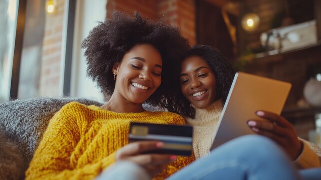 Smiling woman holding credit card and shopping online with sister on tablet pc at home