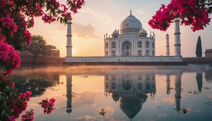 the taj mahal beautifully reflects in the water at sunrise, framed by vibrant pink blossoms.